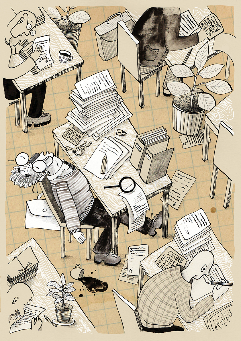 Caricature of a man sleeping at his desk during busy office hours, with a pile of papers symbolizing boring work.