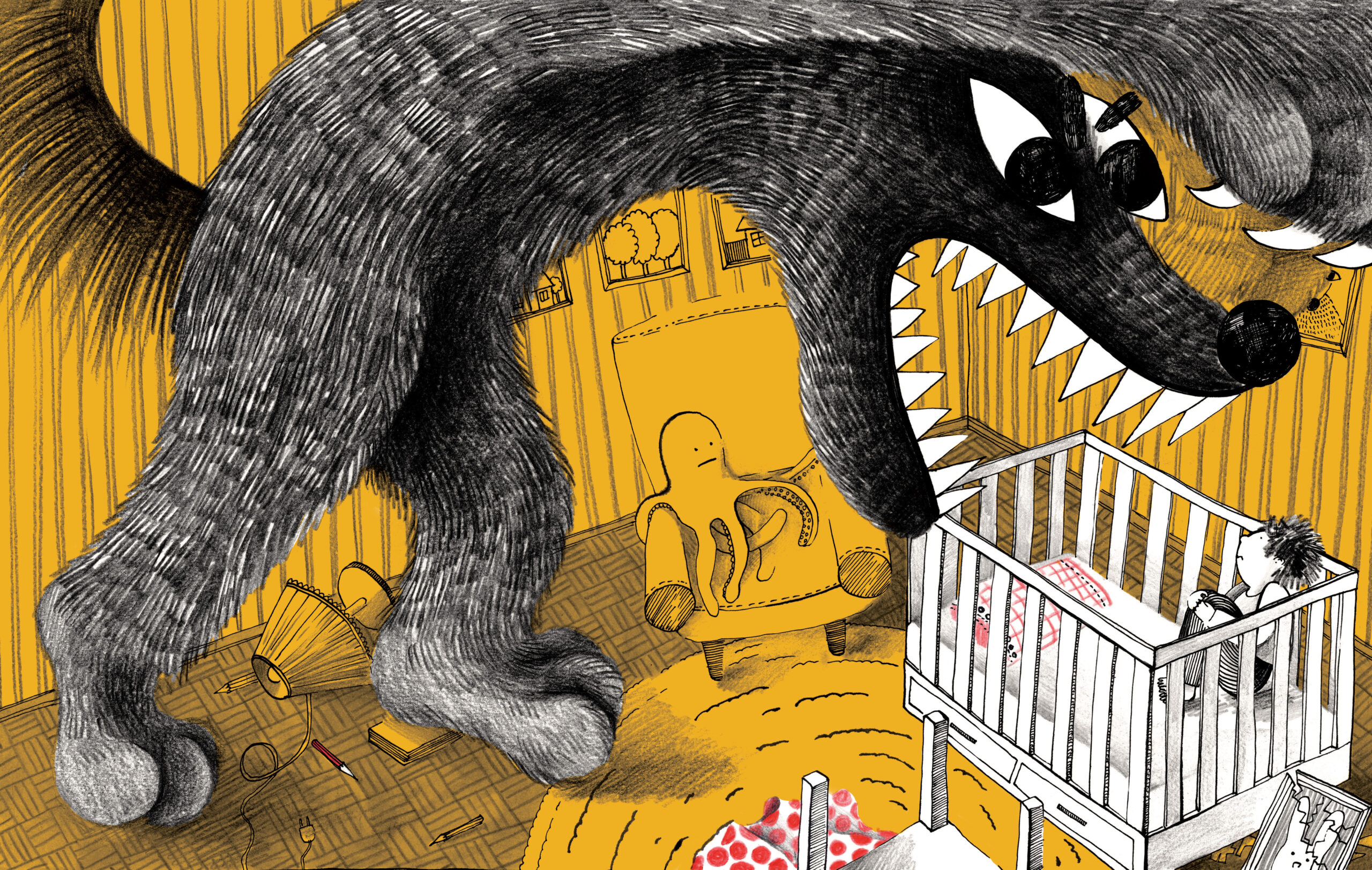 A huge, angry wolf is frightening a child sitting in the crib. wolf-mother; frustrated parent; scared child;