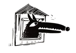 logo made in linocut technique, wolf looking out of the window