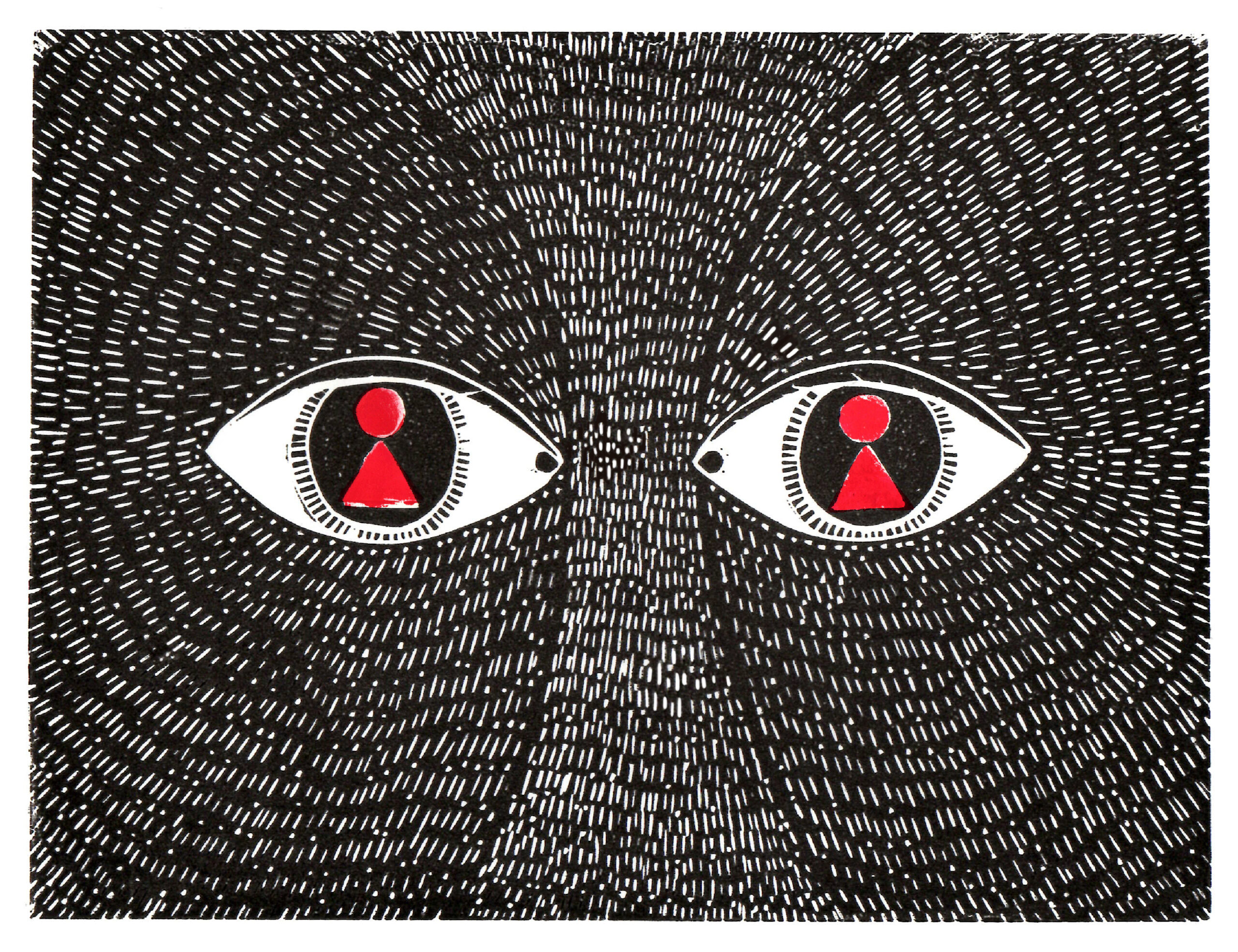 Close-up of wolf’s eyes with Little Red Riding Hood reflected in them.